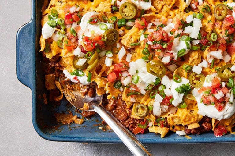 Chili topped with crushed Traditional Mitten Chips for a crunchy finish
