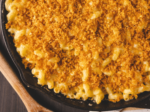 Mac & cheese topped with crushed Sweet & Smokey Pepper Mitten Chips